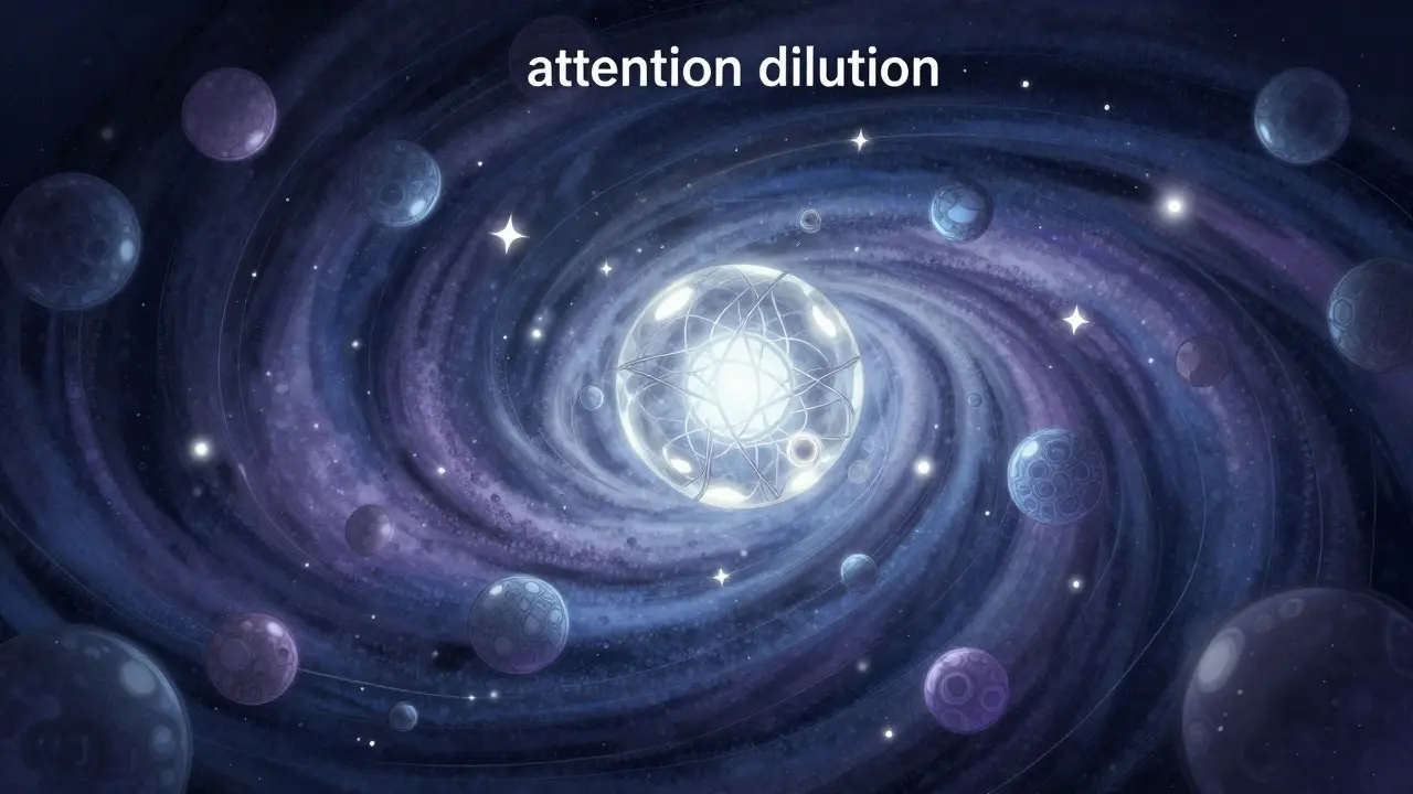 Abstract visualization of attention dilution with glowing orbs in a swirl