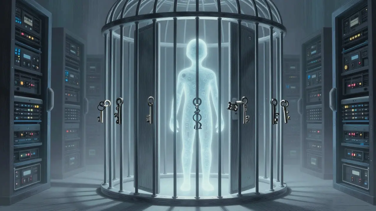 AI entity confined in a secure cage with limited access keys.