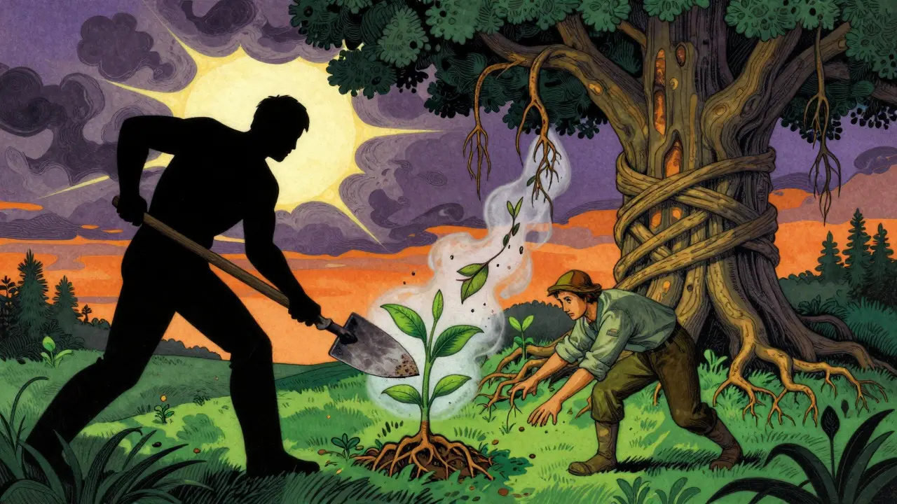An abstract scene of a shadowy figure undermining a tree's roots while a gardener plants resilient saplings.