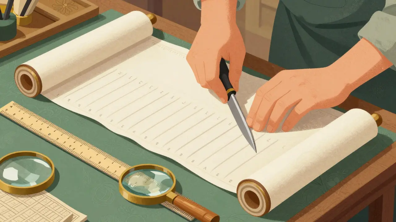 An artisan carefully slicing a scroll into precise segments using various tools in Willy Pogány style