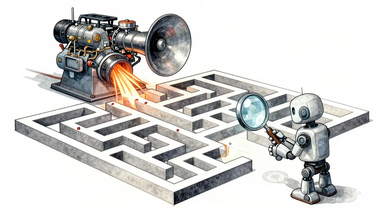 Art of a small robot arm selecting paths in a maze while a large engine waits idle