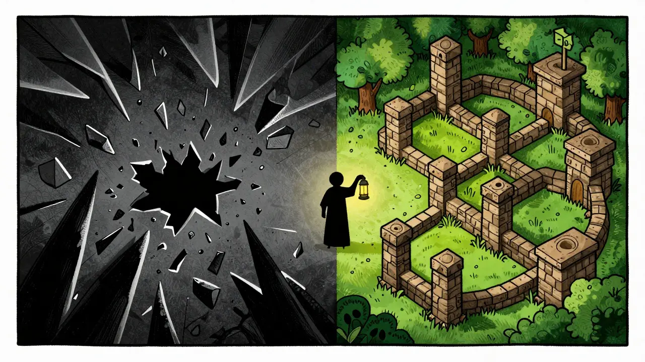 Artistic depiction of a divided landscape contrasting broken unsafe code with structured safe systems