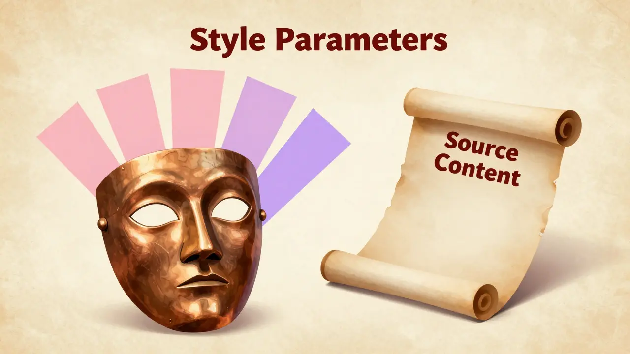 Artistic depiction of role, style parameters, and source content as distinct visual elements