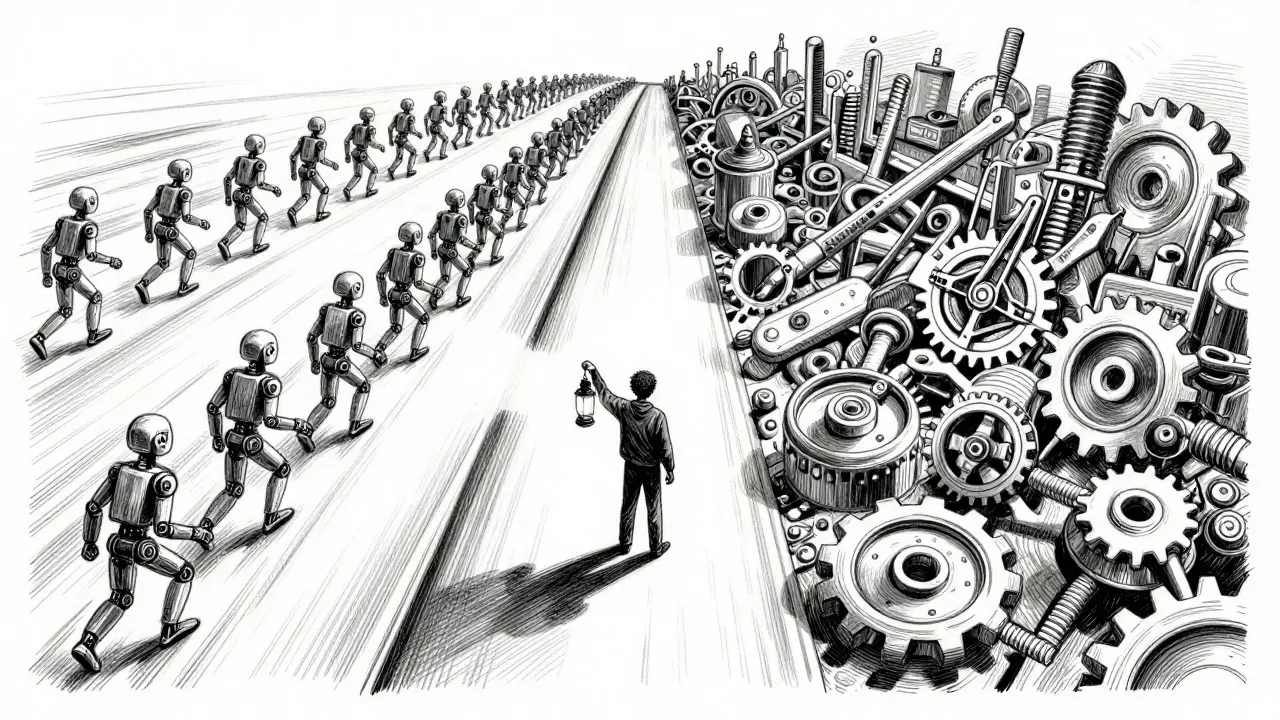 Conceptual art showing diverging paths of fast AI coding vs careful engineering