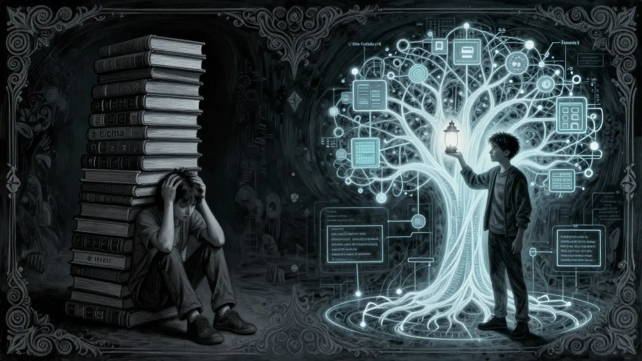 Contrast between struggling with syntax bricks and reviewing AI architecture