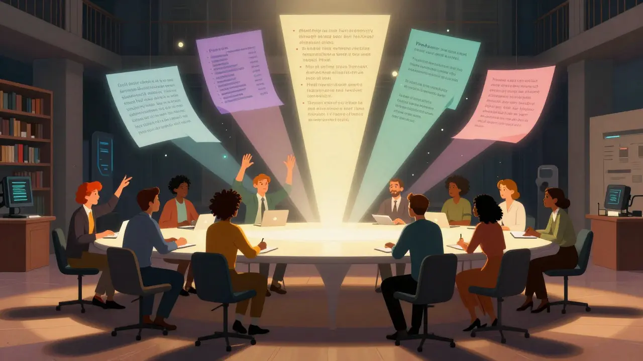 Creative team collaborating around a glowing table projecting various content formats