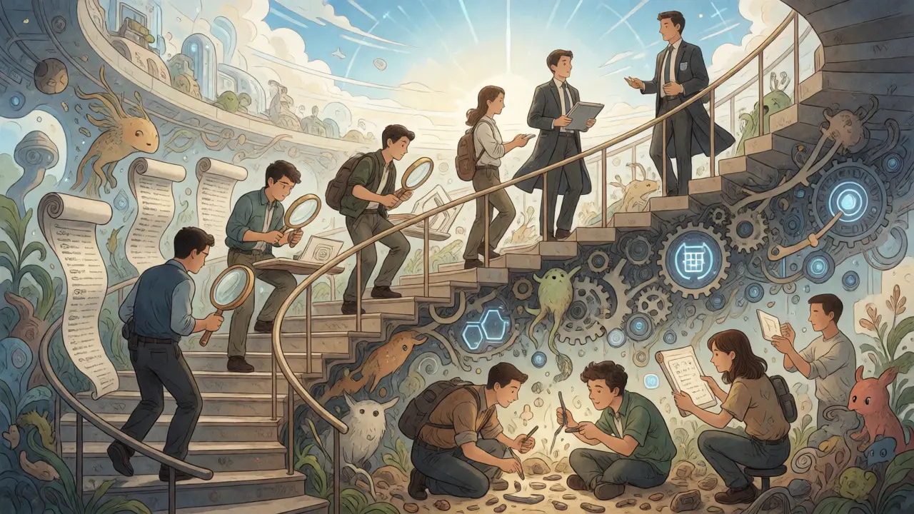 Developers ascending a spiral staircase through stages of AI coding mastery.