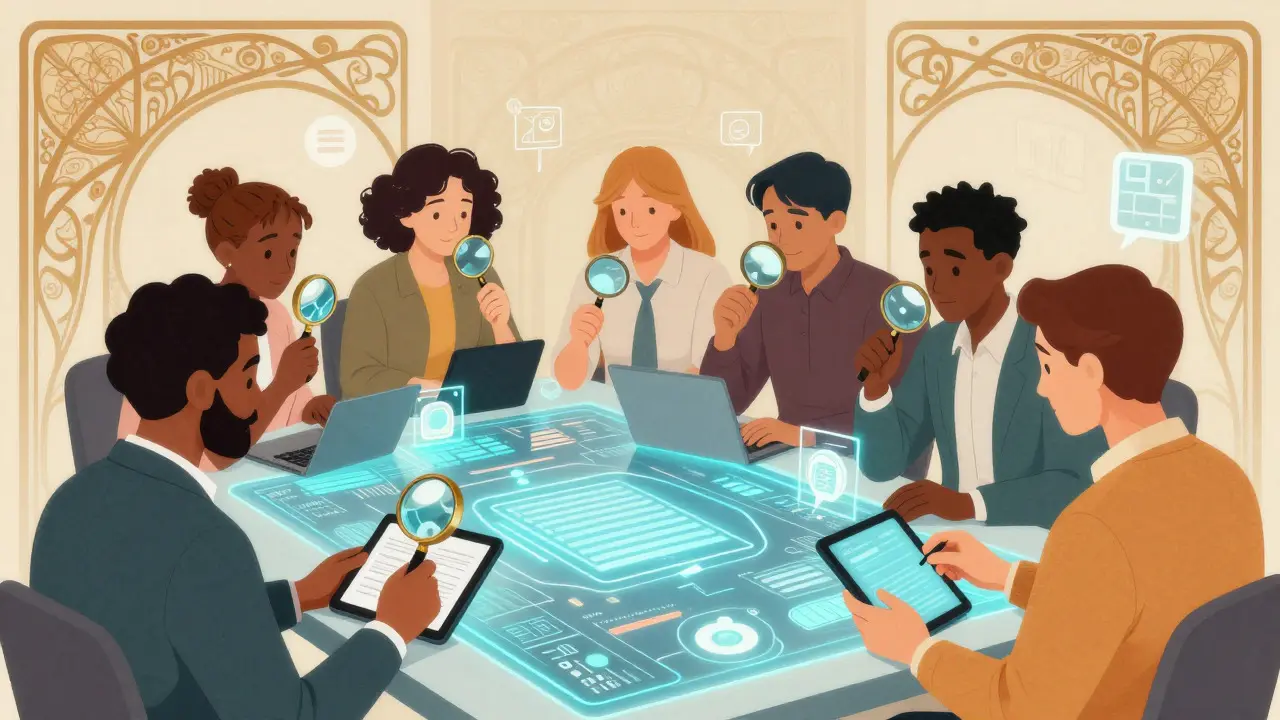Diverse team collaborating around holographic AI evaluation data