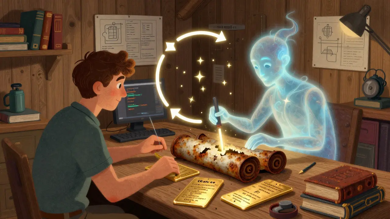 Drawing of a human and AI collaboratively transforming old code into secure new formats in a workshop