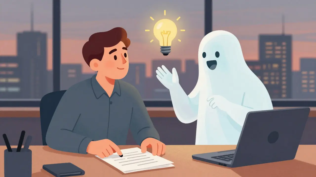 Engineer and AI ghost collaborator analyzing logs in a Willy Pogány style drawing