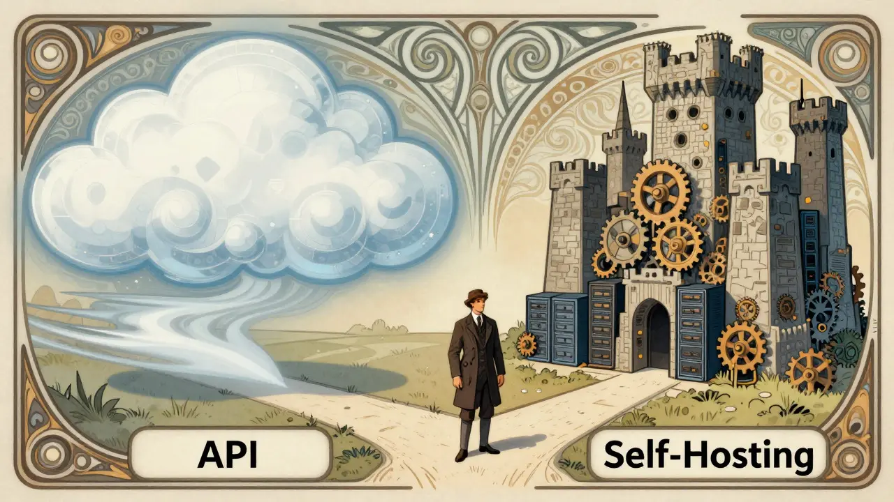 Figure choosing between cloud API and self-hosted fortress, Willy Pogány style