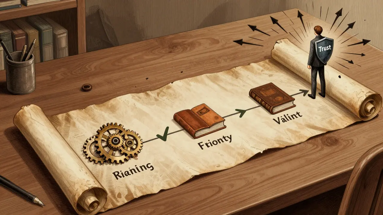Futuristic roadmap scroll showing AI evaluation phases and trust