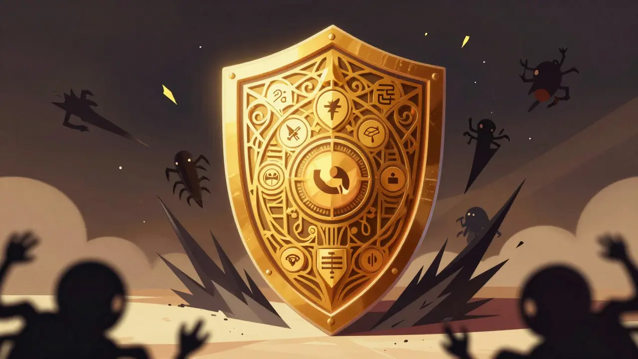 Golden Art Nouveau shield repelling dark threats around a server in a Willy Pogány illustration.