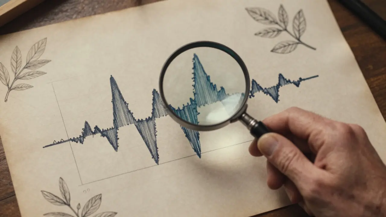 Hand with magnifying glass examining a spiky waveform on paper, illustrating anomaly detection in AI testing.