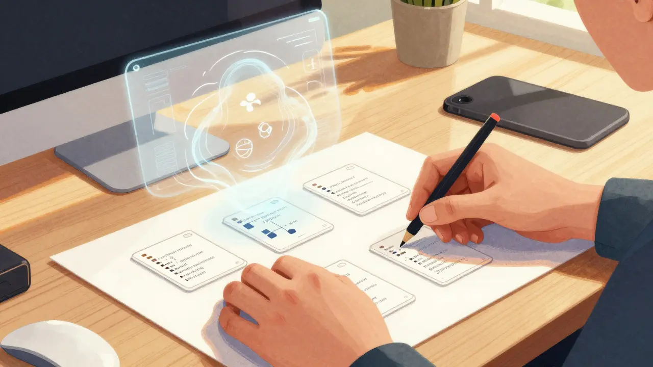 Hands organizing modular code blocks with an ethereal AI assistant hovering above
