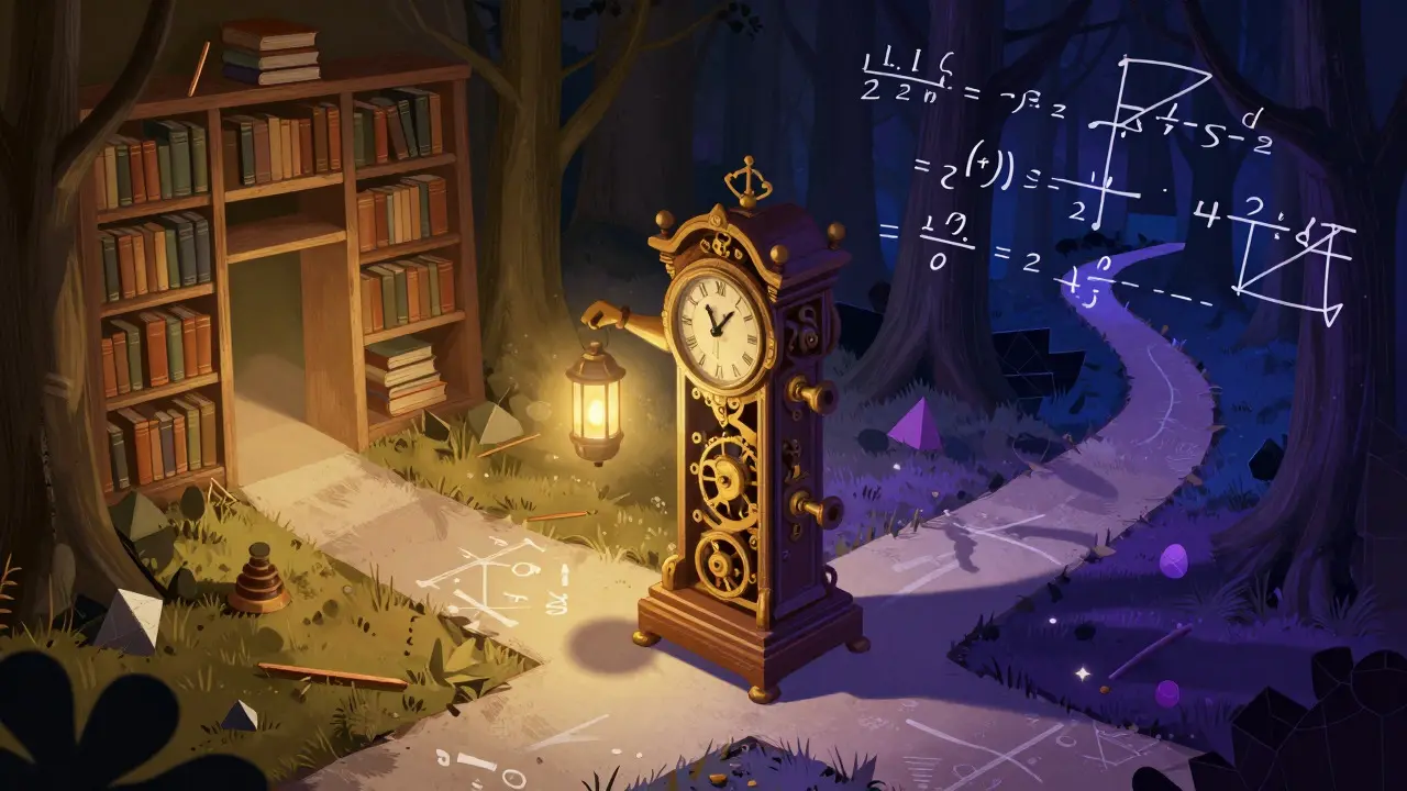 Illustration of a clockwork figure choosing between a lit library and a dark forest of equations