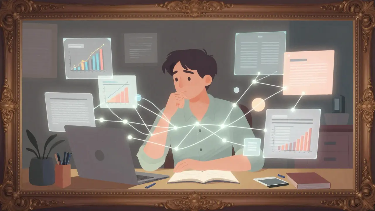 Illustration of a figure connecting floating charts and text with luminous threads.