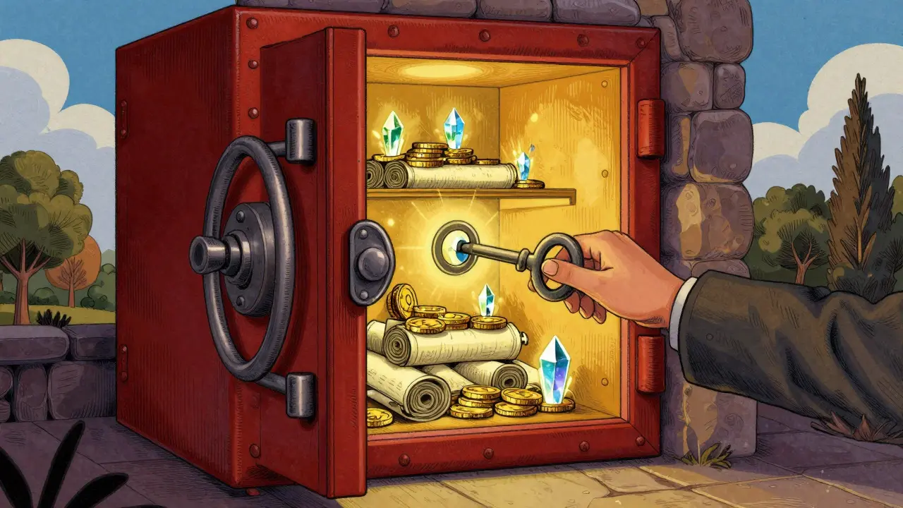 Illustration of a locked vault containing scrolls and crystals, representing secure, private AI benchmarks.