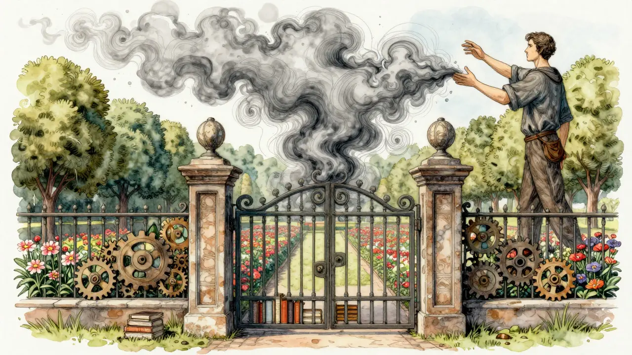 Illustration of an ornate gear-and-book gate blocking chaotic smoke from a serene garden, showing error mitigation