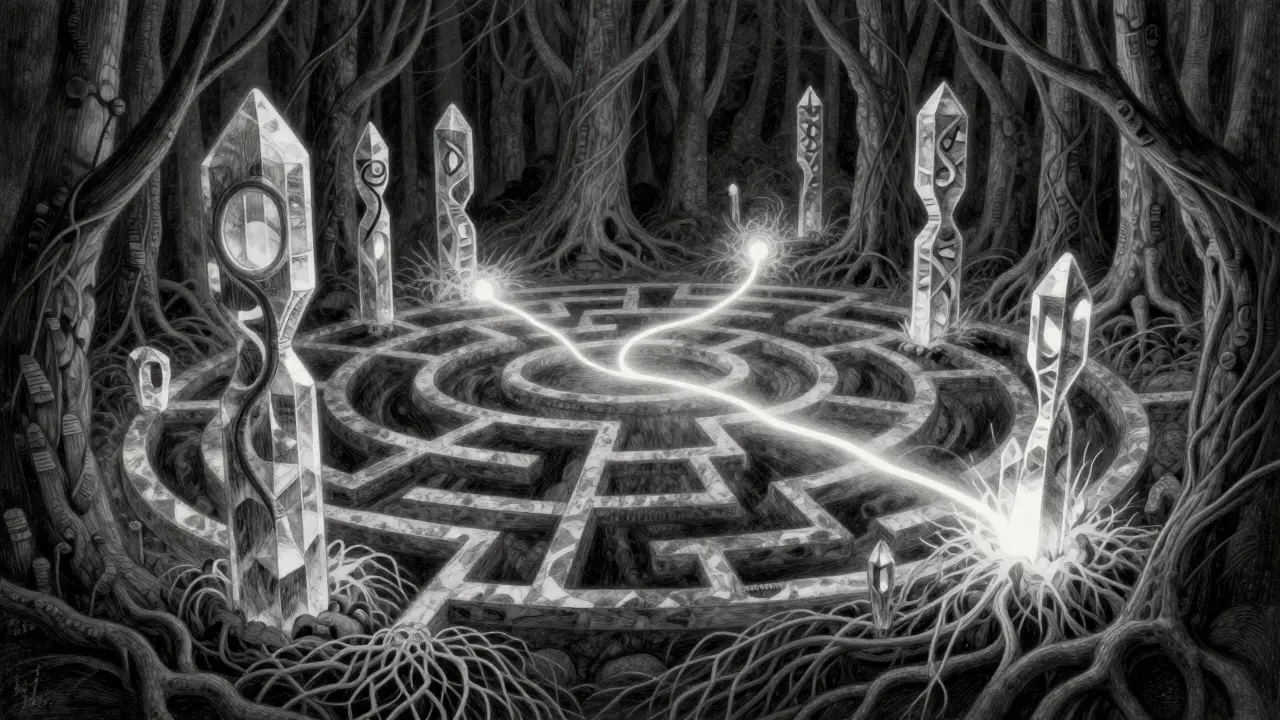 Intricate drawing of a glowing thread winding through a crystalline labyrinth, representing token prediction