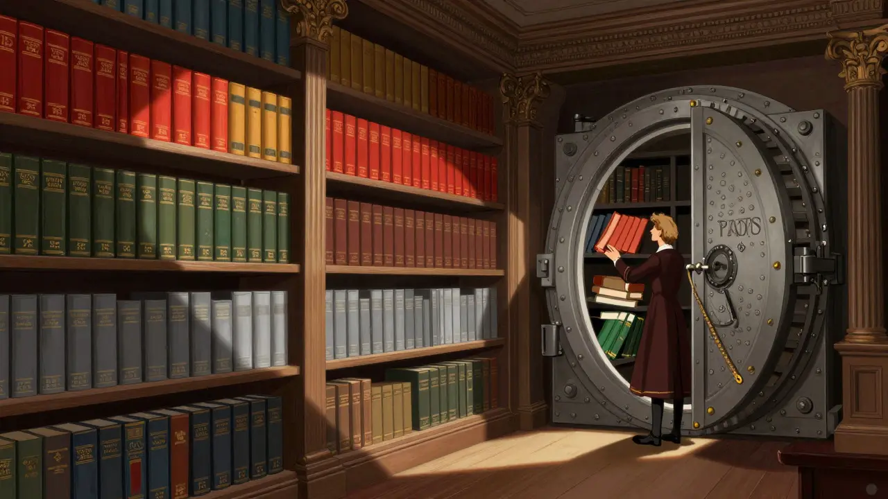 Librarian managing books transitioning to shelves and vaults