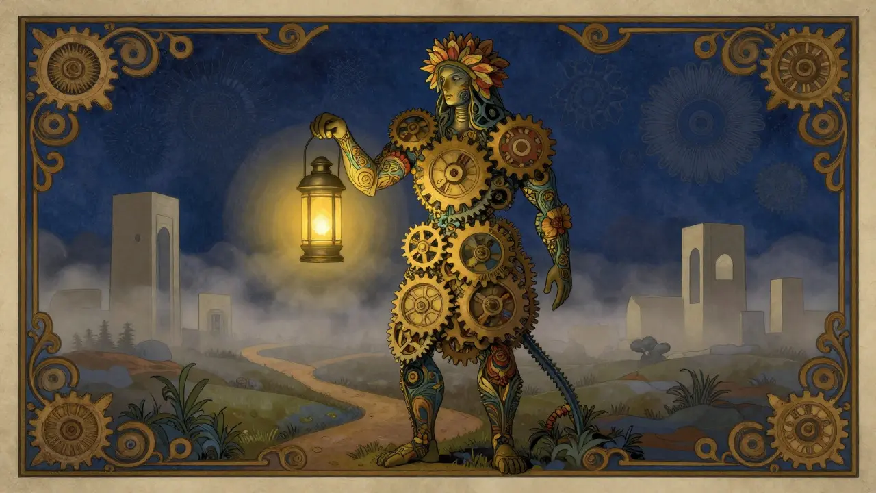 Majestic figure holding a lantern dispelling fog, symbolizing reliable AI in Willy Pogány style.