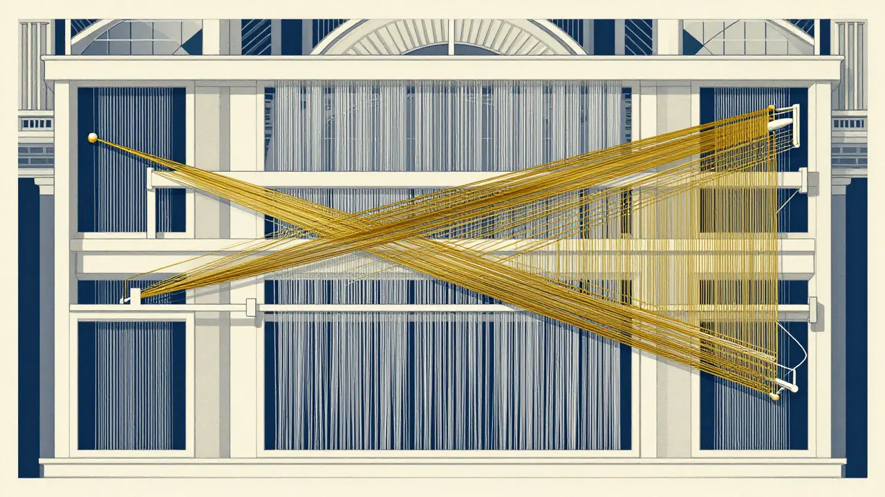 Mechanical loom weaving ordered tapestry with global and local threads illustrating sparse attention