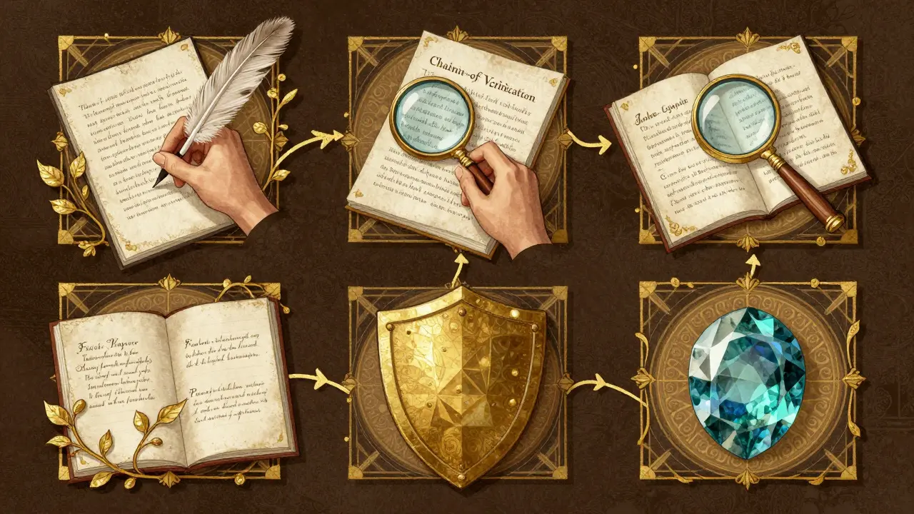 Ornate four-panel illustration depicting the steps of AI fact-checking in vintage Art Nouveau style.