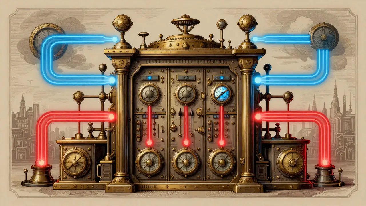 Ornate mechanical gateway routing data streams by sensitivity, Willy Pogány style