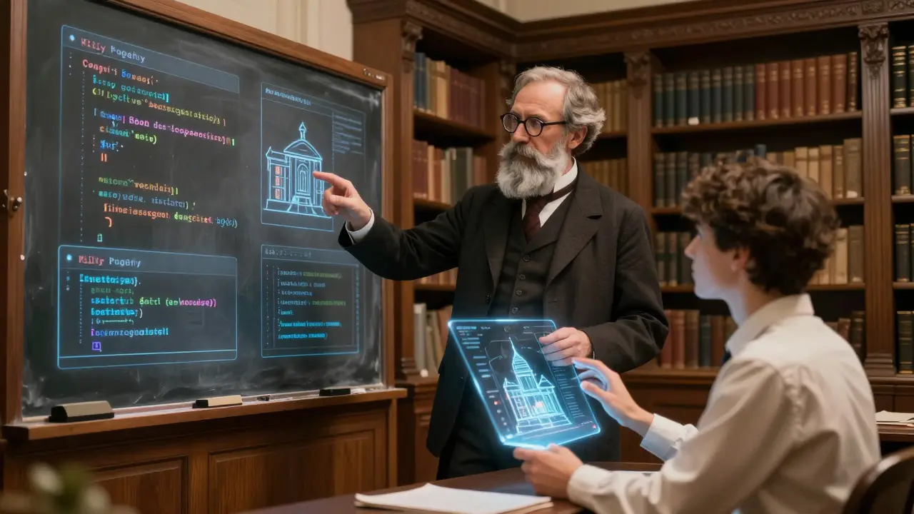 Professor guiding student through AI code inspection in a library setting