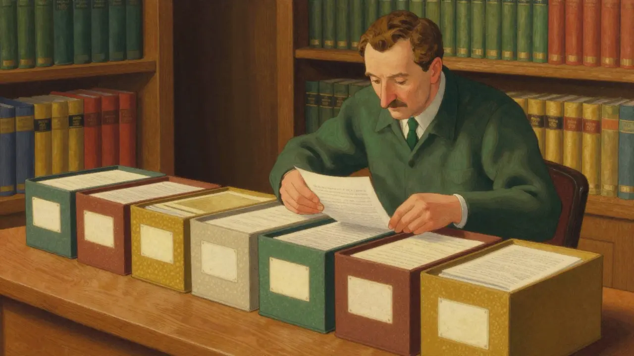 Researcher organizing documents to prioritize key information in a study