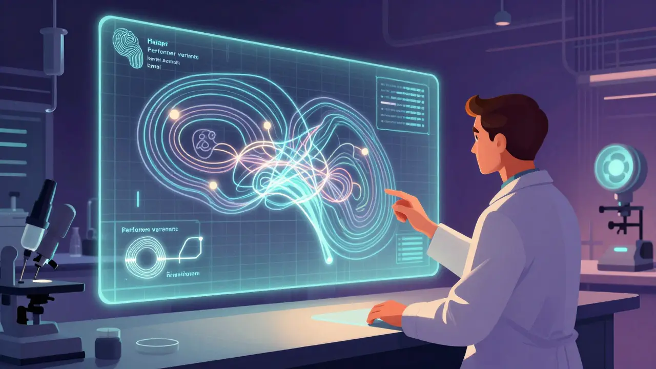 Scientist observing smooth linear holographic data streams representing efficient performer models