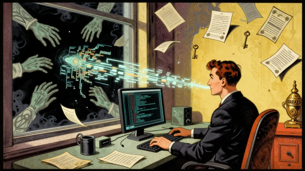 Spectral hands stealing glowing code from a developer's workspace in an Art Deco style drawing.