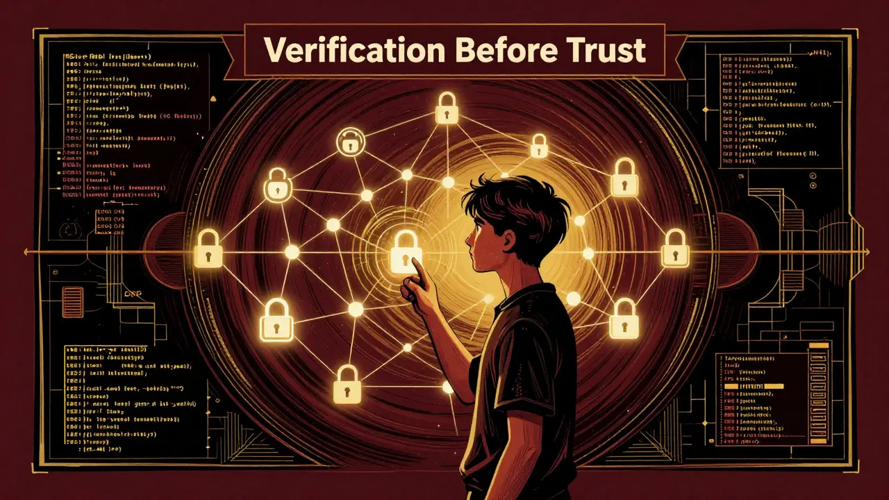 Student inspecting complex code architecture nodes in art nouveau style