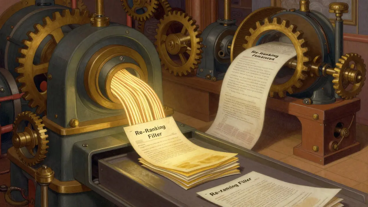 Stylized brass machine filtering rough papers into a small stack of golden documents.