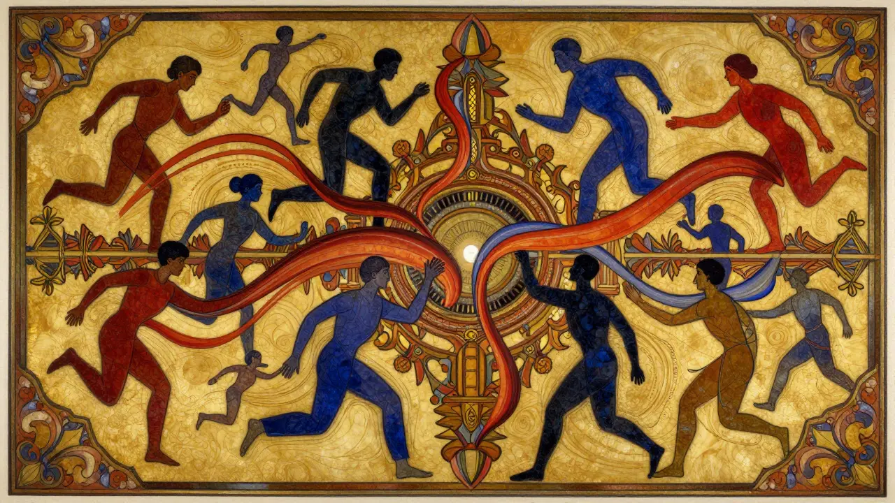Stylized figures flowing through a processing core, representing continuous batching