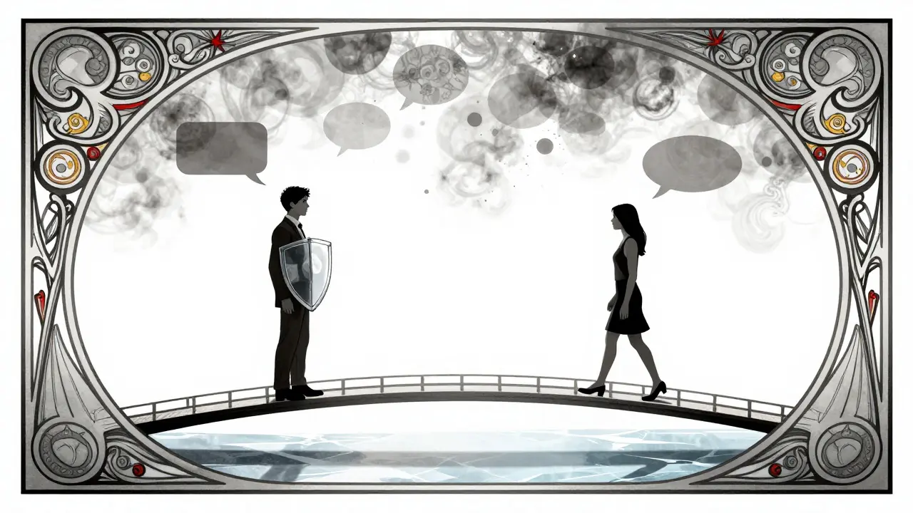 Stylized illustration of two figures on a bridge, symbolizing fairness in AI confidence calibration.