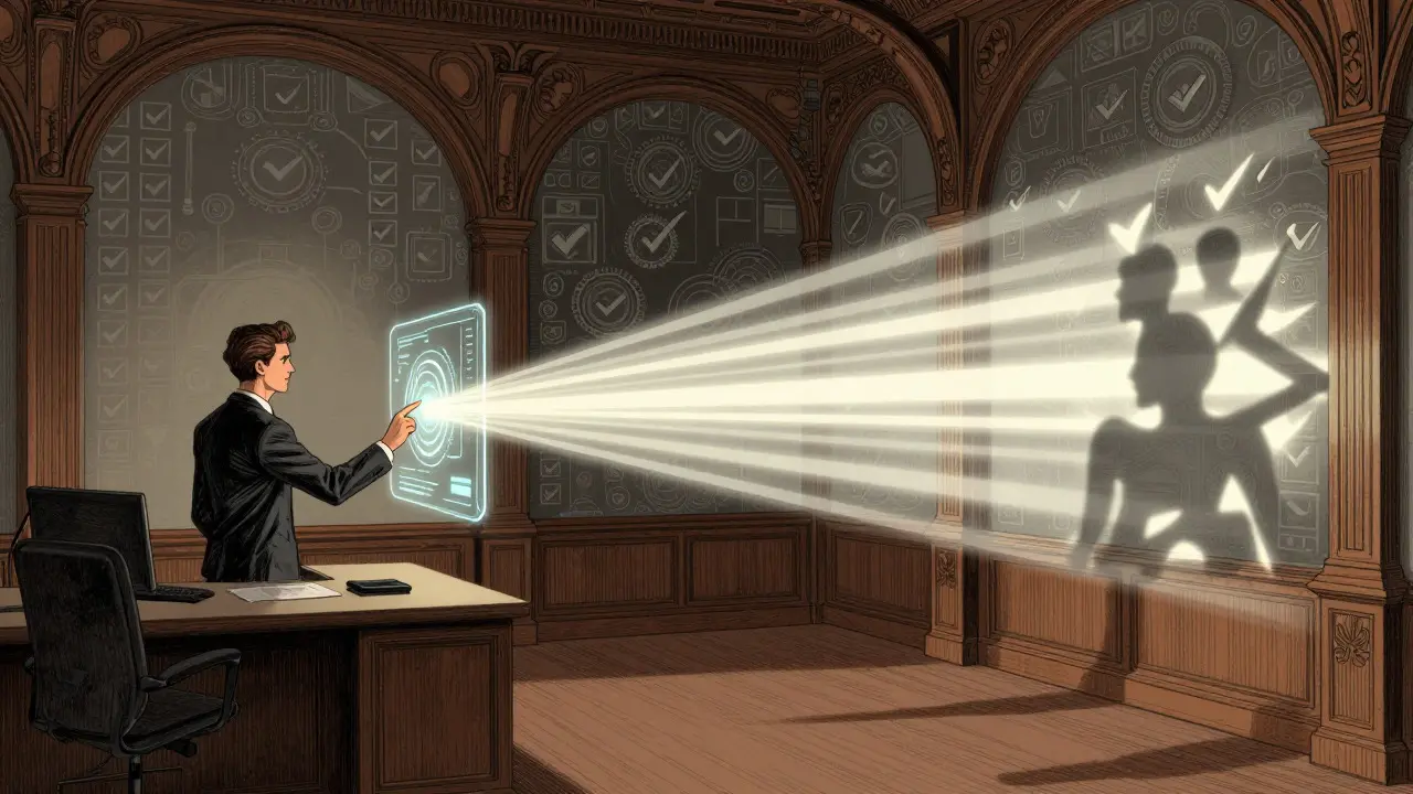 Stylized office scene with a filter system separating accurate data from misinformation.