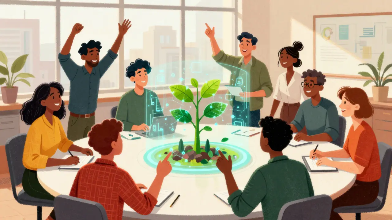 Team of engineers collaborating around a digital growth metaphor in a bright room