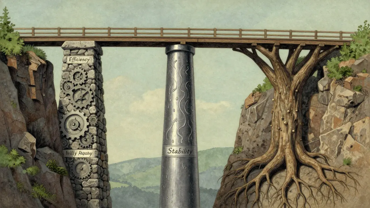Three distinct pillars supporting a bridge in an illustrative style
