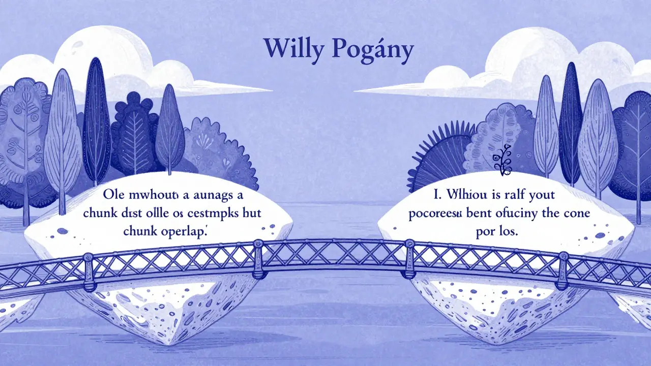 Two islands of text connected by an ornate bridge symbolizing chunk overlap in Willy Pogány style