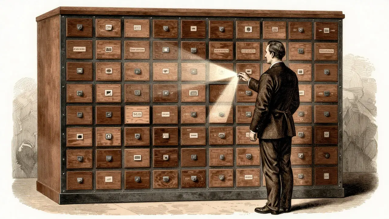 Vintage engineer inspecting layered archive drawers for versioning