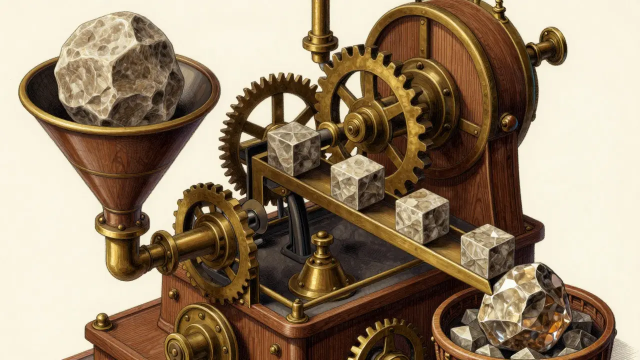 Vintage-style diagram of a machine splitting a stone into parts and reassembling them