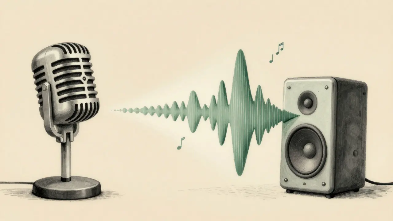 Willy Pogány style drawing comparing vintage robotic audio with modern smooth voice waves