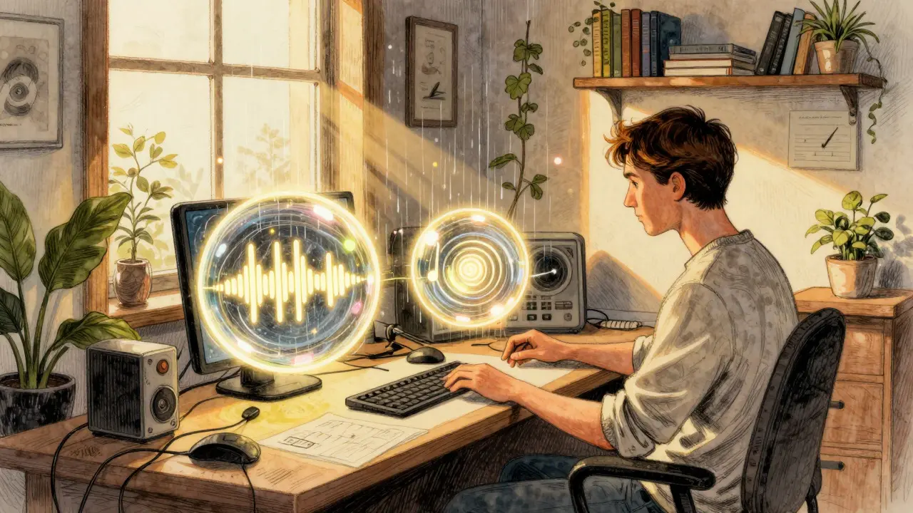 Willy Pogány style illustration of a musician interacting with glowing orbs of generated sound