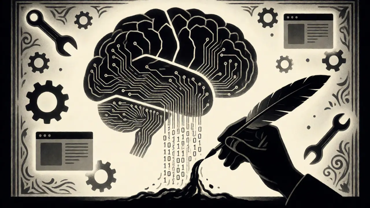 A human hand guiding binary code into a floating circuit-brain structure.
