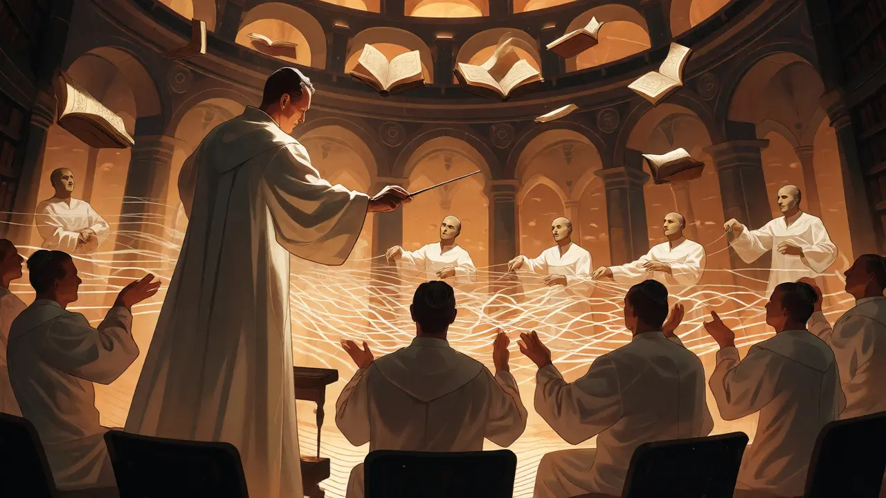 A robed conductor directing smaller figures weaving threads of light into a tapestry, illustrating multi-agent structured prompting.