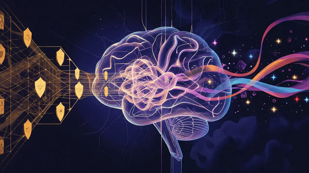 Abstract neural network receiving structured gold inputs versus loose ribbon-like junior prompts.