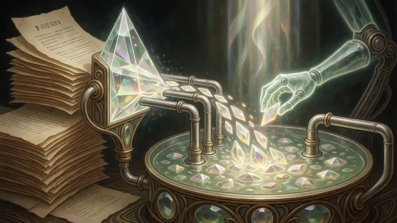 Alchemical apparatus illustrating the RAG pipeline with document embedding and retrieval.