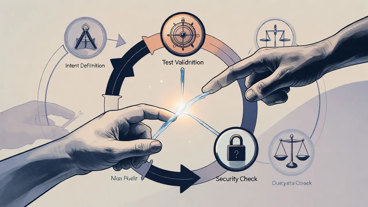Alchemical-style diagram showing the iterative cycle of safe AI coding.